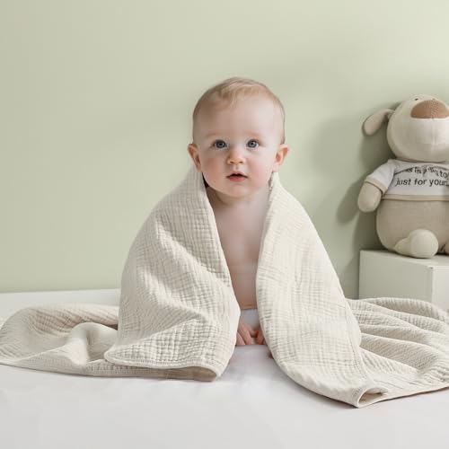 Image of david's kids Baby Muslin Blankets 47 inch X 47 inch, 4-Layer 100% Cotton Muslin Blanket for Summer, Ultra Soft Breathable and Lightweight Receiving Blanket for Boys Girls, Gentle Baby Wrap Swaddle, Oat Milk