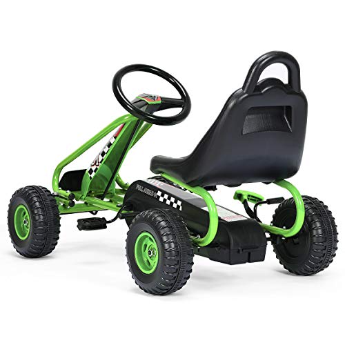 HONEY JOY Go Kart for Kids, 4 Wheel Pedal Powered Go Cart with Steering Wheels & Adjustable Seat, Safety Hand Brake, Non-Slip Tires, Outdoor Off-Road Racer Ride On Pedal Car for Boy Girl (Green)
