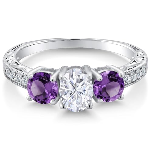 Gem Stone King 1.97 Cttw 925 Sterling Silver Purple Amethyst and Moissanite 3-Stone Engagement Ring For Women | 3 Stone Wedding Anniversary Promise Ring For Women | Size 5,6,7,8,93