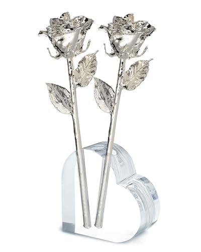 Image of Forever Rose Two Real Roses Dipped in Silver, Handcrafted Preserved Roses in Acrylic Heart Vase and Luxury Gold Gift Box, Romantic Gift for Her, Elegant Gift for Any Special Occasion