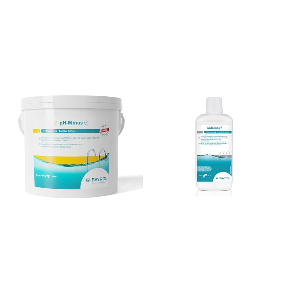 BAYROL e-pH-Minus Granulat 6 kg- senkt schnell & effektiv einen zu hohen pH Wert im Pool & Calcinex 1L - Haertestabilisator, verhindert Kalk- und Metallablagerungen