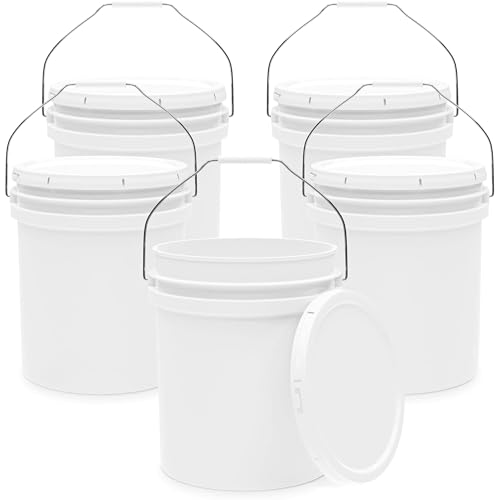 Image of 5-Gallon White Bucket Pail Container with Lid | Food Grade | Heavy-Duty Approx 90 MIL Extra Durable | Metal Handles with Plastic Grip | Multi-Use | Easy Stack and Store | BPA Free - 5 Pack