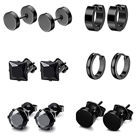 6 Pairs Black Earrings Studs, Stainless Steel Studs Set Cartilage Earrings Hoops Barbell Ear Plugs Ear Piercing Triangle Screw Studs Barbell Earring Ear Studs Men's Earrings Cover