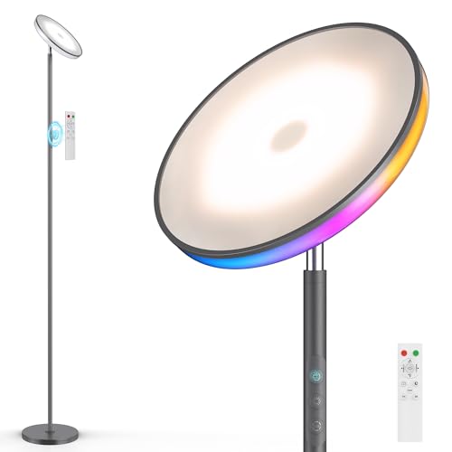 Image of UFO LED Torchiere Floor Lamp with RGB Ambient Light, 42W 3700LM Bright Dimmable Sky Lamp,71in Modern Tall Standing Lamp with Remote Touch Control&Timer,for Living Room Bedroom Office Gaming Room,Gray
