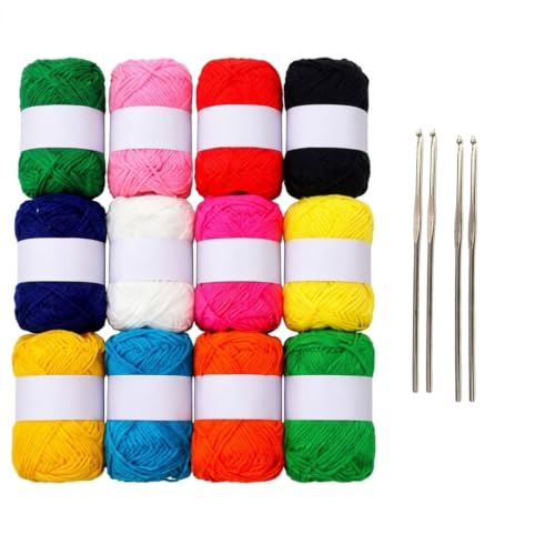 Image of Yarn Kit with Hooks - 12 Multicolour Yarn Wool Oon Balls + 4 Crochet Kroshiya Needles Set for Beginners, DIY Knitting & Craft Kit for Kids & Adults, Soft Wool Yarn Bundle for Crochet Projects