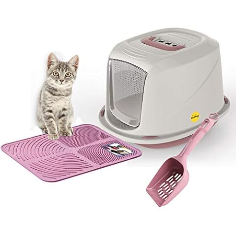 Medium Pink Hooded Kitten Litter Tray +Waste Scoop +Tray Mat Set Carbon Filter Small Cat Toilet Pet Box Loo Pan Starter Pack Portable Swing Flap Door Carry Handle Galaxy Easy Cleaning CatCentre® Cover