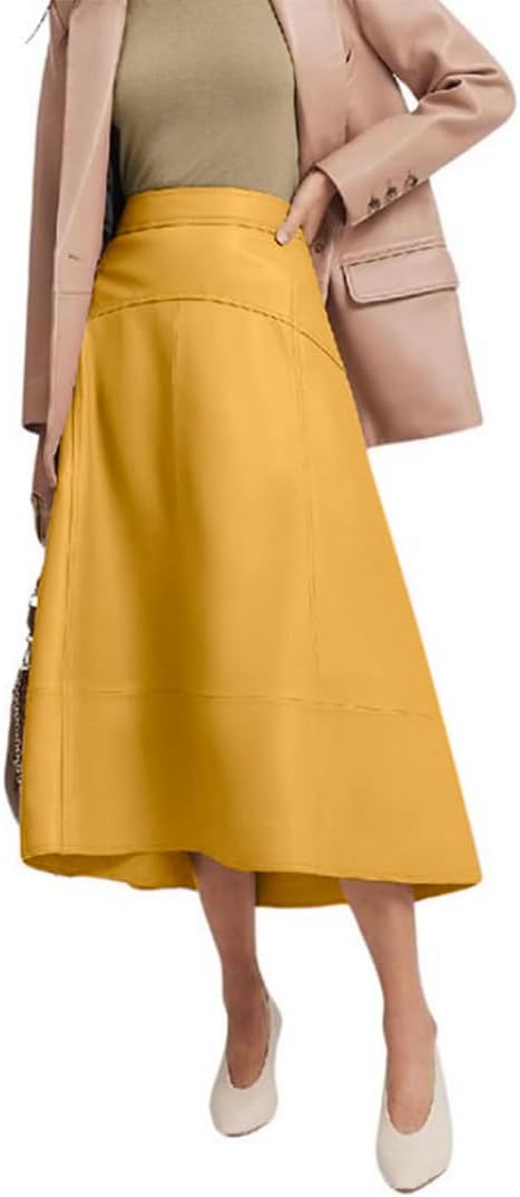 Jild Real Lambskin Leather Skirts for Women High Waist Classical Mid Length Going Out Skirt with Stylish Patchwork - Image 5
