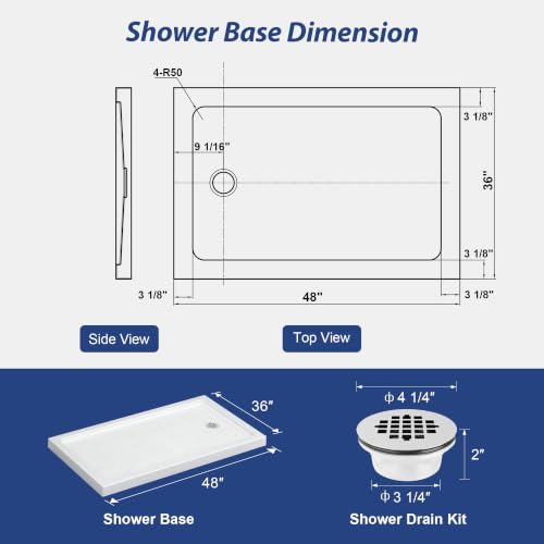 Image of KPUY 48'' L X 36'' W Shower Base Pan with Reversible Install, White
