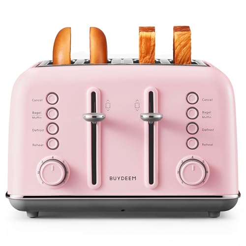 Image of BUYDEEM DT640 4-Slice Toaster, Extra Wide Slots, Retro Stainless Steel with High Lift Lever, Bagel and Muffin Function, Removal Crumb Tray, 7-Shade Settings,Pink
