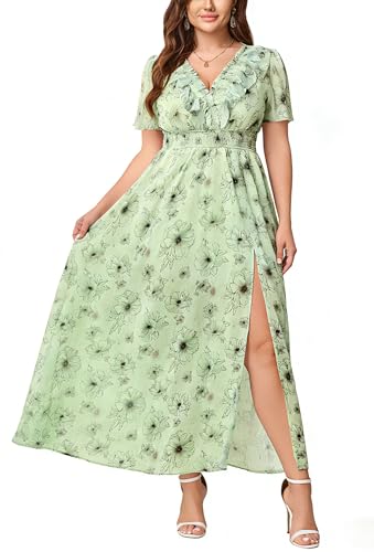 EYWOL Plus Size Wedding Guest Dresses for Women: Green Floral Dress - Short Sleeves Maxi Dresses for Curvy - Plus Size Sage Green Dress - Flattering Pear Shape Outfits