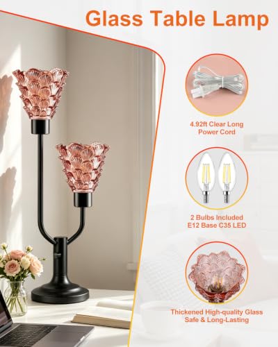 Image of Lightdot Mid Century Modern Glass Table Lamp Vintage Pink Lamp Dimmable | Nightstand Lamp Black Desk Lamp Bulbs Included 3000K Warmwhite Ambient Bedside Lamps for Bedroom Living Room Home Decor Gift