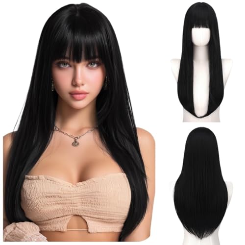 Perruque et bandeau noire frange droite cheveux lisses synthétiques volumineux pour femme