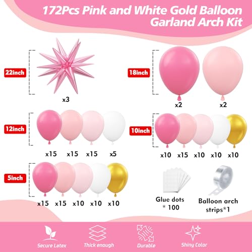 Image of 172Pcs Pink Balloon Garland Arch Kit - Pink Party Decorations with Pastel Macaron Pink White Gold and Starburst Foil Balloons for Birthday Baby Bridal Shower Wedding Valentine's Decorations