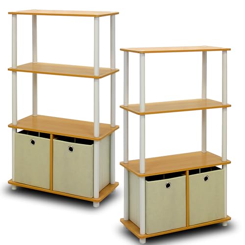 Image of Furinno Go Green 4-Tier Multipurpose Storage Rack Shelving Unit with Bins (Set of 2), Beech