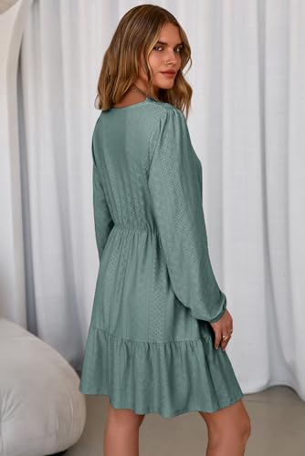 Dokotoo Fall Dresses for Women 2025 Elegant Lace Hollow Out Embroidered V Neck Long Sleeve Casual A-Line Swing Mini Dress3