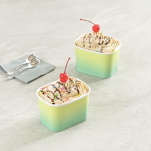 Image of Restaurantware Paper Cups 50 Count 12 Ounce Square Disposable Ice Cream Containers, Leak-Resistant Paper Dessert To Go Cups, Hot And Cold Food, Durable Teal And Green Ombre Design