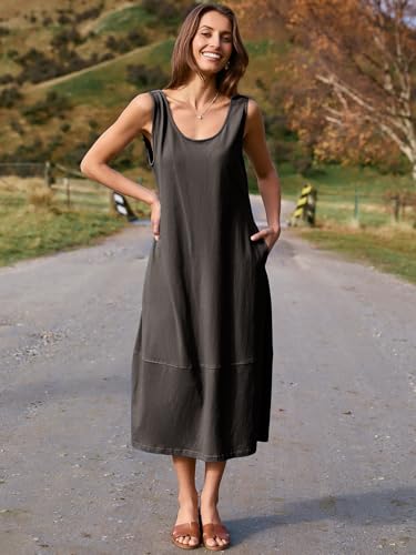 BerryGo Women's Loose Casual Midi Cotton Dresses Sundress Sleeveless Beach Summer Trendy Tank Top Dress with Pockets4