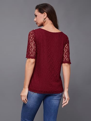 Image of Miss Chase Women's Round Neck Half Sleeves Cotton Lace and Pearl Detailing