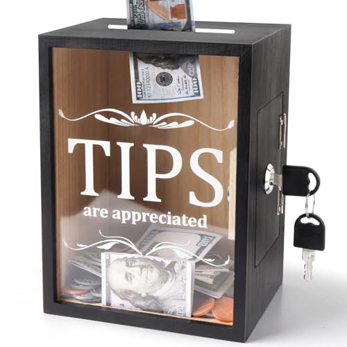 Yamahiko Wooden Tips Jar Tip Collection Box with Lock 6 x 4¾ x 7¾ Inch Money Coin Storage Container Donation Collection Suggestion Raffle Cash Box Jar for Restaurants Musicians Bartender Bars Driver
