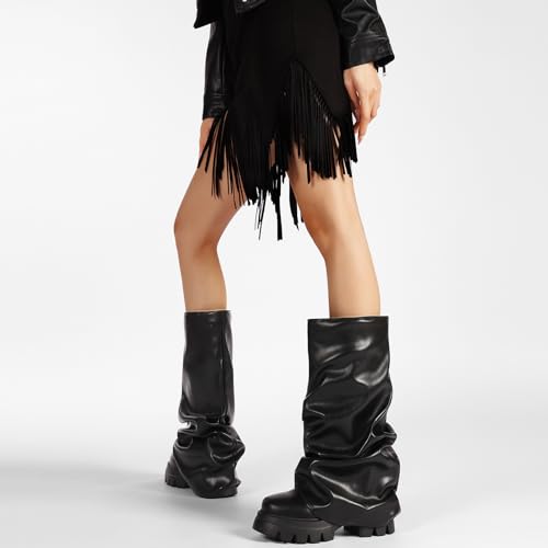 Platform Heel Slouch Boots for Women Casual Heeled Metallic Mid Calf Boots Wide Calf Fold Over Boots4