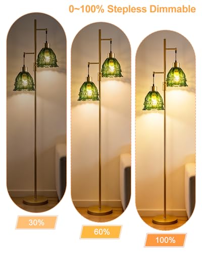Image of 2-Light Modern Glass Floor Lamp, Gold Standing Tall Lamp with Green Lace Glass Shade for Reading, Dimmable LED Floor Lamp with 5Lbs Heavy Base for Living Room Bedroom Home Decor, Bulb Included