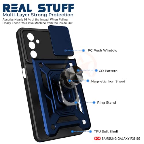 Image of Armor Bumper Back Cover Case for Samsung Galaxy M36 5G / F36 5G | Rotating Camera Cover, Ring Holder & Kickstand | Heavy Duty & 360 Degree Protection Back Cover (Blue)
