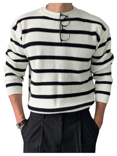 OYOANGLE Men's Striped Ribbed Sweater Pullover