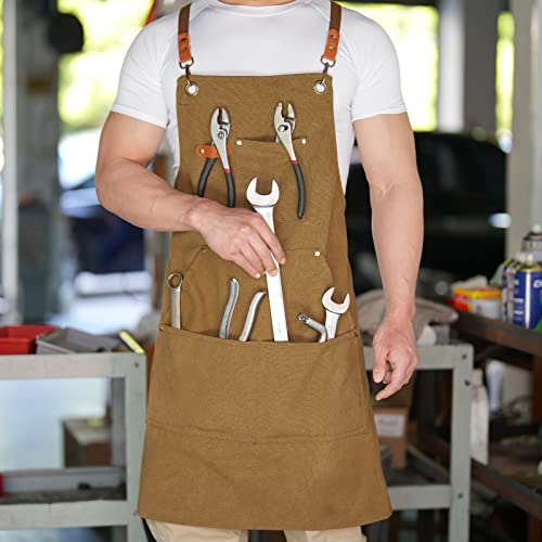 Canvas Aprons for Men Chef Apron, Work Apron with Large Pockets - 16oz Heavy Duty Cross Back, BBQ, Cooking - Image 5