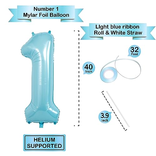 Image of 40 Inch Light Blue Number Balloons, Helium Mylar Foil for Birthdays, Number 1 Balloon for Party Decorations, Wedding, Boy Baby Shower
