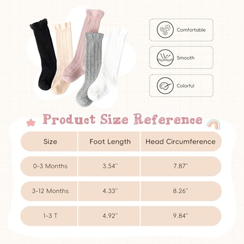 Durio Knee High Socks for Girls Toddler Newborn Baby Girl Socks Infant Cotton Stockings Tube Ruffled Unisex Tights 5 White & Pink 3-12 Months4