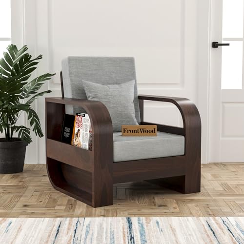 Image of Sheesham Wood 1 Seater Sofa Set with 40 Density Cushion for Living Room Home Office Solid Wood Sofa Set Furniture Wooden Single Seater Sofa Set (Walnut,Grey)