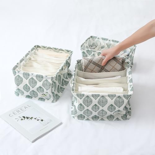 Image of House of Quirk Cotton Linen Set Of 3 Underwear Organizer Set - 5 /6 /9-Compartment Dividers For Closet & Drawer (White /Green Leaf), Clothing