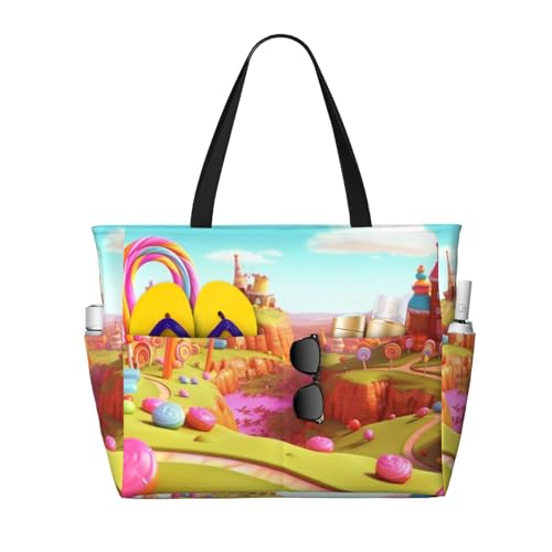 Beach Bags For Women Large Waterproof Sandproof Beach Tote Bag Lightweight Zipper Carry On Bag Candy Beautiful Land Pool Bag For Gym Travel Vocation