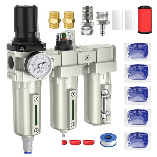3/4' NPT Air Compressor Water Separator, Industrial Grade 3 Stage Air Drying System with 0-240 PSI Air Regulator, Particulate Filter, Coalescing Filter, Desiccant Dryer, Metal Bowl, Auto Drain