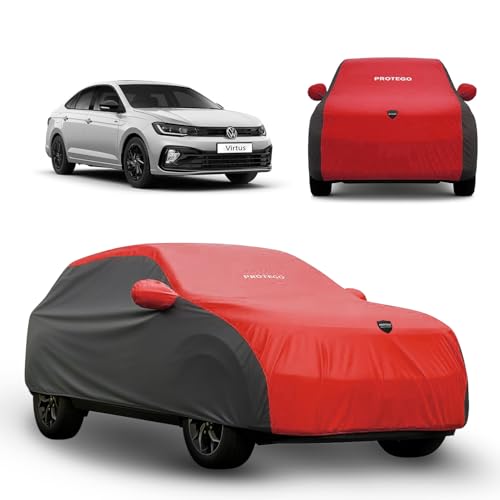 Image of PROTEGO Prime Series India's 1st Anti-Tear Car Cover for Volkswagen Virtus | Heavy Duty, Custom Fit, All Weather | 100% Waterproof, Windproof & Hail Resistant | 2 Year Warranty | Red + Black
