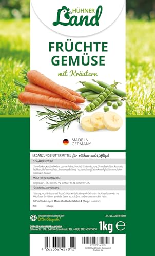HÜHNER Land Hühnerfutter Früchte-Gemüse mit Kräutern Menü 1kg I Gemüseflocken für Hühner, Geflügelfutter, Natürliches Hühner Zusatzfutter Vitamine & Nährstoffe