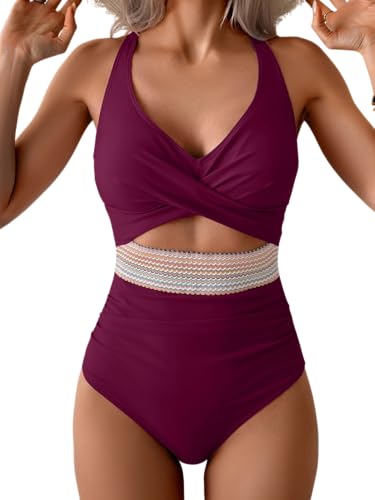 Image of B2prity Women's One Piece Swimsuit Tummy Control High Waisted Bathing Suit | Color Block,Removable Soft Cups,Cutout,V neck,Full Coverage,Adjustable Criss Cross Straps,Tie Back