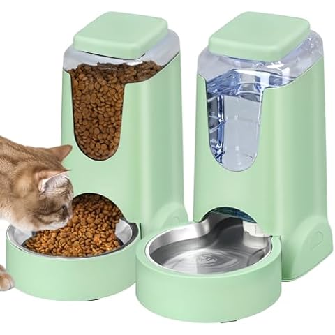 2 Pack Automatic Cat Feeder and Water Dispenser with Stainless Steel Dog Bowl Gravity Self Feeding for Small Medium Pets Puppy Kitten 1 Gallon x 2 (Pink) (Green) Cover