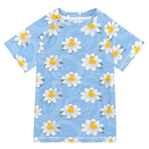 ALAZA Kids Rash Guard Girls Toddler Swim Shirts Short Sleeve Duck Flowers Blue UPF 50+ 3T