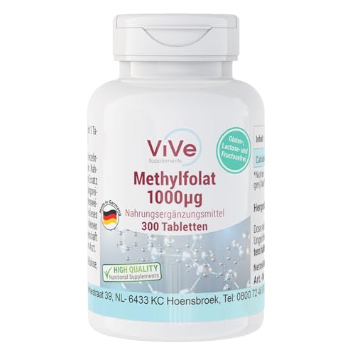 Methylfolat 1000g - 300 Tabletten - schluckfreundlich - Calcium-L-Methylfolat - Hochdosiert - biologisch aktive Form der Folsäure - Qualität aus Deutschland - ViVe Supplements