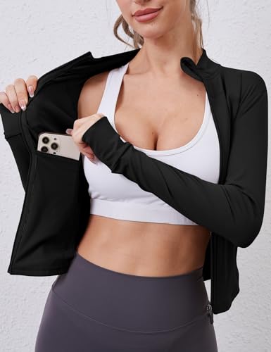 IECCP Sportjacke Damen Laufjacke Langarm Gym Tops Yoga Fitness Shirt Atmungsaktive Sportjacke Reißverschluss Leicht Trainingsjacke mit Daumenloch Schwarz XS