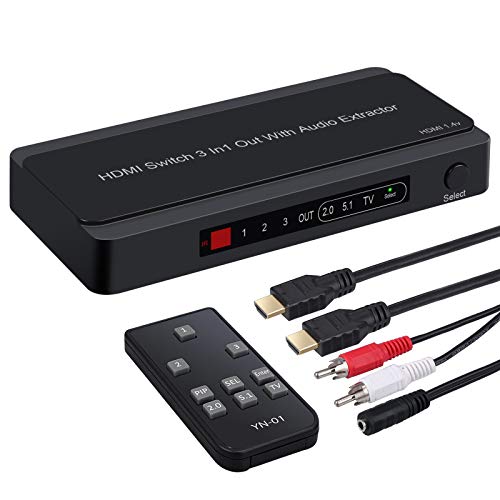 LiNKFOR HDMI切替器 音声分離機能 PIP機能 3入力1出力 4K@30hz 3D 2160P HDMI1.4b対応 RCAケーブル HDMIケーブル付き リモコン付き
