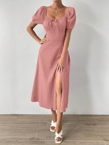 Image of Shasmi Women's & Girl's Tie Front Split Thigh Milkmaid Maxi Dress - Square Neck Puff Sleeve A-Line Long Dress, Elegant Casual & Parties Wear for Ledies (Dress 245)