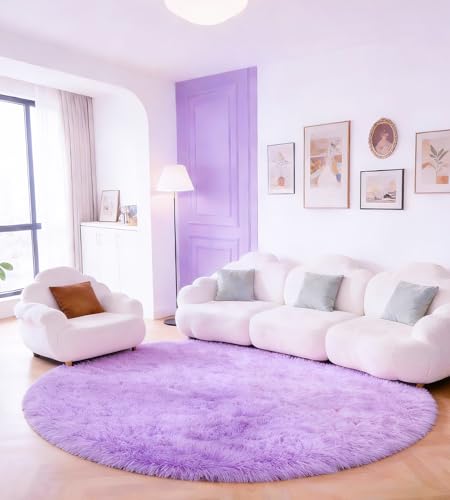 ROHATIM Tapis Rond Salon Shaggy Descente de lit Chambre Grande Taille Moelleux Carpette Décoratif de Style Moderne pour Salon Canapé (Violet, Ø 120 cm Rond)