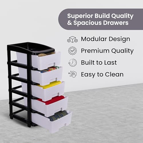 Image of Plastic Modular Drawer Storage Chest Of Drawers Organizer Storage Box, Large Stomo Racks For Multipurpose Anti-slip Shoes Organizers (White & Black, 5 Layer)
