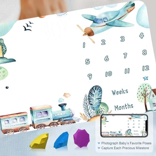 Image of Airplane and Train Monthly Milestone Blanket | 48x48in cotton Monthly Milestone Blanket, train airplane town design with butterfly frames for growth recording