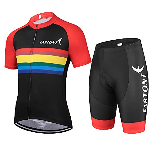 FASTONT Men's Cycling Jersey Shorts Set Breathable Full-Zipper Comfortable Men's Jersey Set for Outdoor Riding Cycling Outdoor Sport (Red, Large)