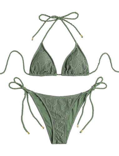 ZAFUL 2 Piece Triangle Bikini for Women Knitted Rope Halter Bikini Sets Sexy Bathing Suit Side Tie Swimsuits Beachwear Olive Green M