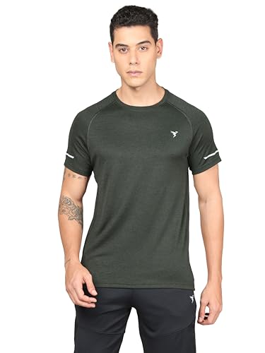 Image of TECHNOSPORT Men's Melange Slim Fit Round Neck T-Shirt Double Cool Raglan Sleeve Slip On Polyester for Gym Running Workout UPF50+ Anti Odour