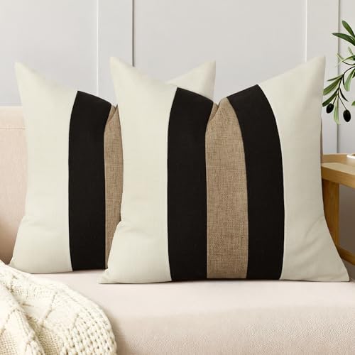 QoBexim Patchwork Pillow Covers 18x18 Inch Set of 2 Beige and Black Linen Decorative Throw Pillow Covers Farmhouse Modern Accent Square Cushion Cover for Couch Sofa Bed Home Decor